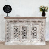 Indian Handmade Carved Solid Hard Wood 3 Doors Sideboard Greywash 150x40x100Cm